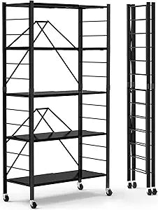 5 Tier Foldable Storage Shelves, Expandable Folding Shelving Units with Wheels, Changeable into 2 Shelf Units, Collapsible Adjustable Storage Rack Metal Shelves for Storage, Pantry, Garage, Kitchen