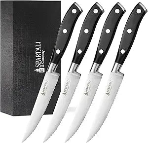 Spartali & Company Premium 4.5-Inch Steak Knife Set of 4  Serrated Stainless Steel Blades with Ergonomic Handles  Razor-Sharp Cutlery for Effortless Meat Slicing  Dishwasher Safe, Rust-Resistant.
