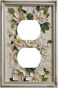Decorative Art Light Switch Covers White Magnolia 1 Gang Single Duplex Outlet Wall Plate Switchplate Electrical Faceplate for Home Decor