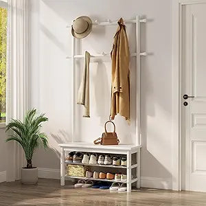 AQIMUELE Coat Rack with Shoe Storage, Wooden Hall Tree with Bench, 11 Hooks and 2-Tier Storage Shelves, 3-in-1, Entryway Bench with Coat Rack (31.5"-White)