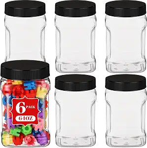 Geiserailie 6 Pcs 64 oz Square Plastic Jars, Wide Mouth, Black Lids