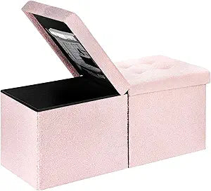 Folding Ottoman Bench with Storage - 34Inches Teddy Velvet Foot Stool Ottoman Bench, Padded Seat, Storage Chest, Blanket Store for Entryway, Livingroom and Bedroom, Pink (34" D x 13" W x 13" H)