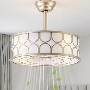 20" Gold Boho Fandelier Ceiling Fans with Lights, Caged Bladeless Ceiling Fan with Light Remote Control. Chandelier with 6 Speeds for Bedroom, Nursery, Living room.