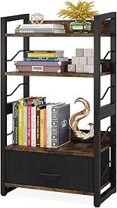 Hosfais Small Bookshelf with Drawer: 4-Tier Wood Book Shelf Industrial Narrow Bookcase Storage Organizer Metal Stackable Shelves for Desktop Bedroom Living Room Home Office (Rustic Brown)