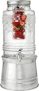Circleware Breeze Glass Beverage Dispenser with Base Metal Stand Transforms to Ice Bucket, Lid, Fruit Infuser and Ice Insert, Entertainment Kitchen Drinking Glassware, Party, Huge 2.4 Gallons