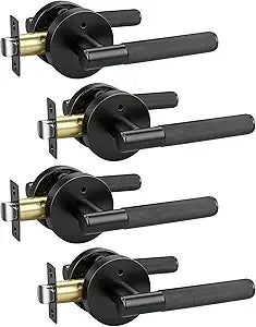 KNOBWELL 4 Pack Door Handles Black Matte Interior Door Levers Privacy Doorknob with Push Button for Bed and Bath