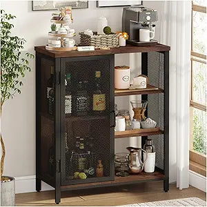 BON AUGURE Coffee Bar Cabinet for Home Liquor, Small Storage Cabinet for Kitchen and Entryway, Farmhouse Industrial Buffet Sideboard Credenza with Adjustable Shelves (Rustic Oak)