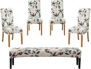 NILUOH Dining Room Chair Covers Set of 4 with 1 PC Bench Cover, Stretch Removable Washable Parsons Chair Slipcover Protector Living Room Decoration (Patterned 01)