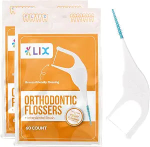 LIX Orthodontic Flossers for Braces with Interdental Brush, 120 Unflavored Floss Picks for Braces Cleaning