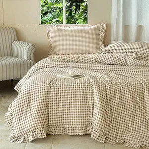NSNLGSGC Tan Ruffle Gingham Comforter Set Queen, Pre-Washed Ruffled Taupe Plaid Checked Comforter Bedding, 3 Pieces Vintage Farmhouse Grid Bedding Set(Tan Gingham, Queen)