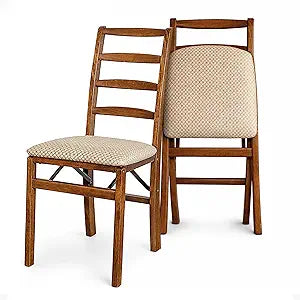 MECO Stakmore Shaker Ladderback Premium Solid Wood Dining Table Folding Chair Set with Fabric Padded Upholstered Seat, Cherry (2 Pack)