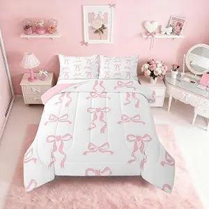 Erosebridal Bow Comforter Set Twin Size, Girls Pink Bow Bedding