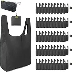 BeeGreen Black Reusable Grocery Bags Wholesale Dark Reusable Kitchen Bags Bulk Foldable-Machine Washable with Zipper Storage Pouch 50 Packs