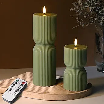 Olive Green Ribbed Flameless Pillar Candles with Remote Set of 2