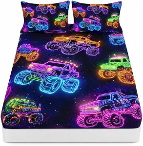 AILONEN Monster Truck Fitted Sheet Set Twin Size,Cartoon Neon Truck Kids Bedding Set 3-Piece,Galaxy Themed Colorful Fitted Sheet with 2 Pillowcases