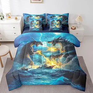 Erosebridal 7Pcs Dragon Bedding Bed in a Bag, Fierce Animal Bedroom Comforter with Sheets Twin Size 3D Animal Printed Monster Theme Comforter Set with 2 Pillowcases & 2 Throw Pillow Covers