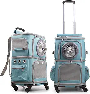 2-in-1 Pet Carrier Backpack for Two Cats or One Dog with Puller & Roller, Green Double Compartments Carry Bag for Large Fat Cat and Puppy Traveling and Hiking, Space Capsule Clear Bubble Dome