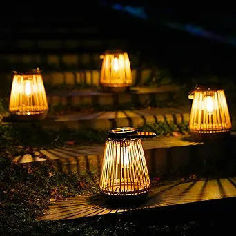 Solar Lights Outdoor Waterproof Garden Decor Lantern Hanging Lamp with Handle,Unique Ideas Rattan LED Lanterns for Decorations Patio Lawn Tabletop Pathway 4 Pack