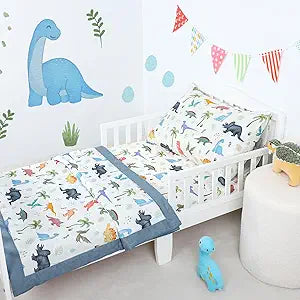 Muslin Cotton Toddler Bedding Set for Boys, Soft Toddler Crib Bedding Sets 3 Piece for Crib | Toddler Bed, Soft Toddler Bed Comforter Set Include Comforter, Fitted Sheet and Pillowcase, Dinosaur