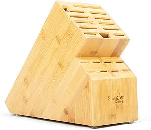 Shenzhen Knives 20 Slot Universal Knife Block: X-Large Bamboo Finish Wood Knife Block without Knives Countertop Butcher Block Knife Holder and Organizer with Wide Slots for Easy Kitchen Knife Storage