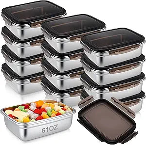 12 Pcs 61oz/ 1800 ml 304 Stainless Steel Food Container with Lid, Airtight Metal Prep Container Reusable Freezer Storage Box Bento Meal Lunch Freezer/Dishwasher Safe for Home Kitchen Storage