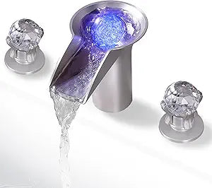 SKOWLL Waterfall Sink Faucet Bathroom 3 Hole, Free Floating Crystall Ball, Deck Mount LED Bathroom Faucet with 2 Handle, Brushed Nickel