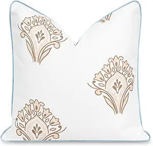 Hofdeco Premium Coastal Patio Indoor Outdoor Throw Pillow Cover Only, 20"x20" Water Repellent for Backyard, Couch, Baby Blue Tan Floral with Piping