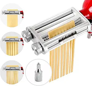Pasta Maker Attachment for KitchenAid Stand Mixers, 3-in-1 Stainless Steel Pasta Roller & Cutter Set with Spaghetti and Fettuccine Blades, Includes 1 Metal Knob Screw Replacement