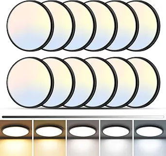 zemty 12Pack LED Flush Mount Ceiling Light, 12Inch 24W Dimmable Ceiling Lights Fixture, 5 Color Temperatures (3000K-6500K) Black Round Ceiling Lamp for Bedroom, Kitchen, Hallway,Bathroom