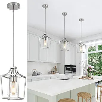 Brushed Nickel Lantern Pendant Light Fixture Pendant Lights for Kitchen Island with Clear Glass Shade, Adjustable Height Rods Pendant Lighting for Dining Room Kitchen Foyer Hallway