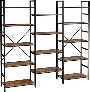 SUPERJARE Triple Bookshelf, Bookcase with 14 Open Display Shelves, Wide Book Shelf Book Case for Home & Office, 5 Tier, Brown