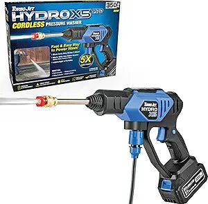 Ontel Turbo Jet HydroX5 Pro Portable Cordless Pressure Washer (21V 3000mAh Battery), 6-in-1 Nozzle, Dual Water Source, 16ft Detachable Hose