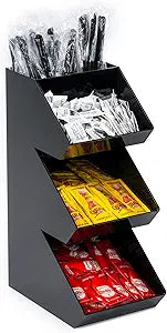 Inevibe Condiment Holder Stand - 3 Tier Compartment for Condiments, Sauce Packets, and Coffee Station Organizer for Bar, Restaurant, Cafe, Home - Black Acrylic Caddy Storage Rack