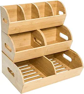 Onion Storage, Potato Storage, Potato and Onion Storage Bin, 3 Tier Stackable Bamboo Storage Bins, Pantry Storage Bins, Ventilated Potato Storage Bin, Slide Out for Vegetable, Pantry, Fruit