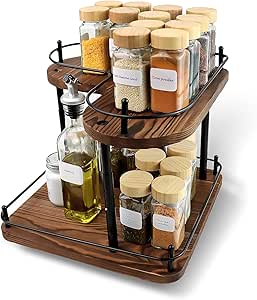 2 Tier Wooden Spice Rack Organizer, 360 Rotating Lazy Susan, 11.8 Inch Large Capacity Countertop Spice Shelf, Adjustable Height, Pine Wood, for Kitchen Bathroom Cosmetic Storage gift set