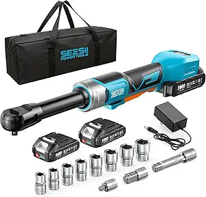 Cordless Electric Ratchet Wrench 3/8", 6" Extended Neck, 3-Speed Adjustable, 74 Ft-lbs Max Torque, 21V Power Brushless Ratchet with 22.0Ah Batteries & Fast Charger, 8 Sockets, 1/4"& 1/2" Adapter