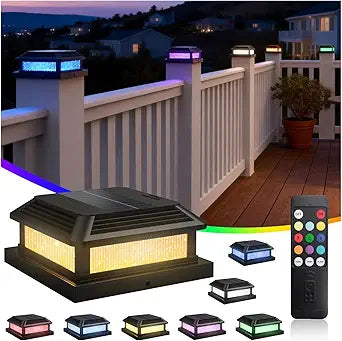 LumiZen Solar Post Cap Lights with Remote, 4x4 Post Solar Lights RGB Color Changing, Outdoor Waterproof Fence Posts Solars Light for Deck Patio Garden Decor, 5x5 Posts Caps Wood Vinyl, 8Pack-Black