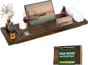 Teak Bathtub Tray - Luxury Bath Tray with Expandable Handles, Wine Glass and Phone Holders, Book Stand - Perfect for Home Spa Relaxation and Reading - Natural Bath Accessories - Dark Walnut Color