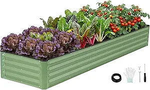 INNO STAGE Galvanized Raised Garden Bed Kits, 8x2x1ft Metal Raised Garden Beds Outdoor, Large Steel Raised Planter Bed with Gloves for Vegetables & Flowers Patio Ground Planter Box (Olive Green, 1PC)