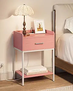 Nightstand with Charging Station,3-Tier Modern Bedside Table Night Stand with Storage Drawer and Open Shelf,Small End Side Table for Bedroom,Living Room,Pink