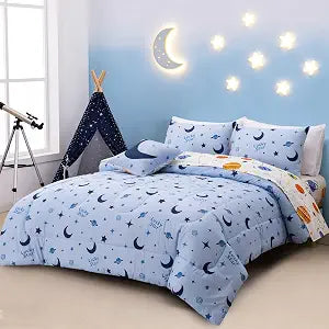A Nice Night Galaxy Bedding Sets Outer Space Blue Star and Moon Comforter 3D Printed Bed Set Queen 6Pcs,Room Decor for Children Boy Girl Teen Kids
