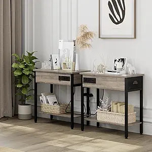 IDEALHOUSE 2024 New Set of 2 End Side Table Living Room Bedroom with Charging Station, Narrow Couch Table with Drawers/USB Ports/Outlets, Flip Top Bedside Tables Night Stand Furniture for Small Spaces