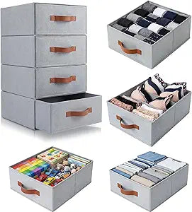 Windyun 4 in 1 Stackable Storage Drawers Closet Organizer with Dividers for Socks Underwear Bras Scarves Ties Large Dresser Organizer Bins Foldable Clothes Storage Boxes, 12 x 15 x 6 Inch(Gray)