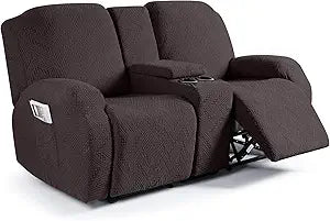 Ruaozz Loveseat Recliner Covers with Console, 4-Pieces Recliner Sofa Covers Stretch Jacquard Reclining Couch Covers with Pockets Furniture Protector with Elastic Straps Bottom (Chocolate)