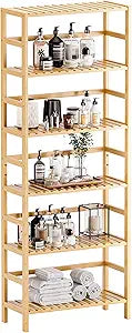 HITNET Bamboo Shelf, 6-Tier Adjustable Tall Open Bookcase, Bathroom Storage Rack Freestanding Shelving Unit, Plant Display Stand for Small Space, Natural