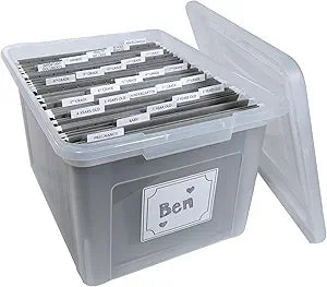 Kid's Craft Memory Keepsake Organizer Box - Clear Storage Latching Bin with Hanging File Folders and Custom Tab Inserts (Gray)