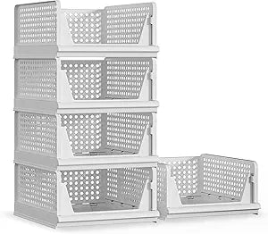 Proarea 5 Pack Stackable Plastic Storage Basket Closet Organizer Bin Foldable Clothes Organizer Storage Drawer Shelf Container for Living Room Bathroom Kitchen Office Laundry Room 5L