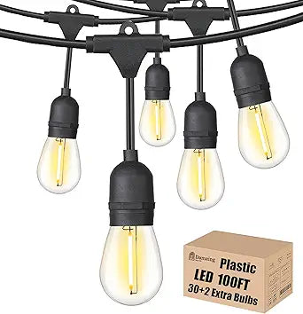 Outdoor-String-Lights-100FT-Patio-Light with 32 Shatterproof S14 Dimmable Edison Bulbs, Connectable Heavy Duty Outdoor lighting, Commercial Grade Waterproof String Light for Porch Market Backyard