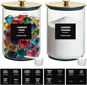 2 Pack 1 Gallon Glass Laundry Detergent Dispenser for Powder, 4L Large Laundry Pods Holder with Hygienic Plastic Lids & Metal Rim, Airtight Glass Canister Set with Scoops & Labels (Gold)