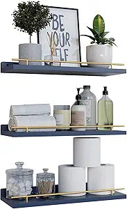 WOPITUES Floating Shelves with Gold Metal Guardrail, Shelves for Wall Decor Set of 3, Wall Shelves for Bedroom, Bathroom, Kitchen, Living Room, Plants, Picture Frames, Art- Gold in Navy Blue